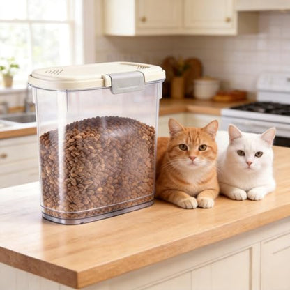 Airtight Dog Food Storage Container 10 Lbs - Slim Tall Pet Cat Food Treat Container with Lid, Scoop and Cup - Clear Plastic Dry Food Storage Bin for Dogs, Cats, Bird Seeds, Kibble, Pellets - color: Cream White