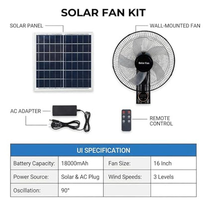 Solar Fans for Outside 16", Waterproof Wall Mounted Fan Indoor Outdoor, Oscillating Solar Powered Fan with Remote, 3 Speeds Quiet Porch Fan for Patio, Greenhouse, Garage, Barn
