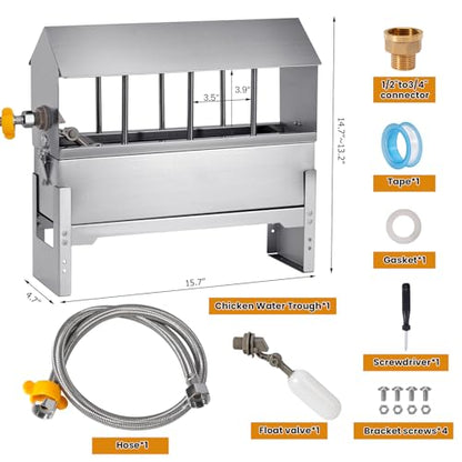 Automatic Chicken Waterer Stainless Steel Chicken Water Dispenser | Poultry Waterer | Chicken Watering System with Float Valve | for Duck Pigeon Goose Turkey Backyard Chicken Coop Home Farm