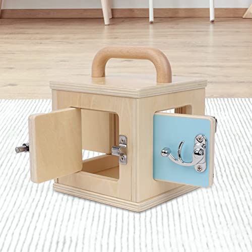 Montessori Wooden Lock Box with 4 Doors — Fine Motor Skills Activity Board for Toddlers 1-4, Problem Solving Toy with Different Lock Mechanisms, Natural Beech Wood Educational Gift