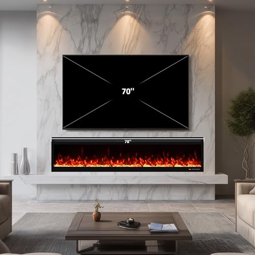 Narrow Frame WiFi Electric Fireplace 78 Inch, Wall Mount or in-Wall Recessed Fireplace Heater, App/Remote Control,Adjustable Flame Effects, 9H Timer & Low Noise, 750W/1500W, Black - size: 78 Inch WiFi