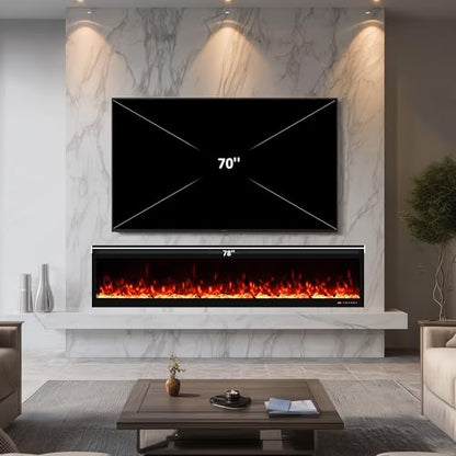 Narrow Frame WiFi Electric Fireplace 78 Inch, Wall Mount or in-Wall Recessed Fireplace Heater, App/Remote Control,Adjustable Flame Effects, 9H Timer & Low Noise, 750W/1500W, Black - size: 78 Inch WiFi