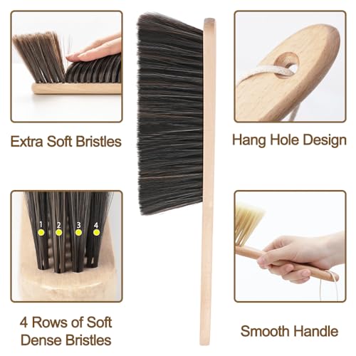 2 Pieces Wooden Dust Brush Hand Broom, Bench Brushes with Bristles, Handle Hair Brushes for Counter Bed Sofa Car Fireplace Household Woodworking Cleaning (Brown, Yellow) - color: Brown, Yellow