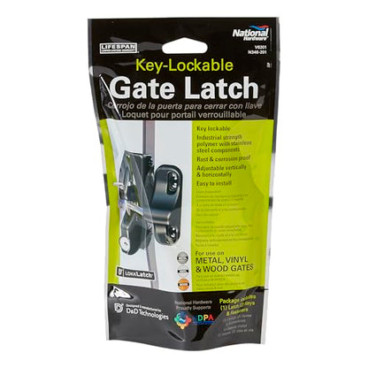 National Hardware LokkLatch N346-201 Keyed Gate Latch with Adjustable Design for Wood Metal Vinyl Gates, Black Weather-Resistant Polymer Construction, 4-9/16 in Gap Range, Pool Fence Hardware