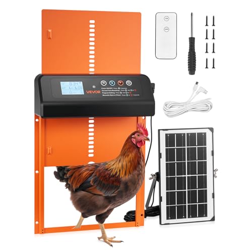 VEVOR Automatic Chicken Coop Door, Solar & Battery Powered Chicken Door with LCD Display, Remote Control, Light Sensor & Timer, Anti-Pinch Security, Aluminum Alloy Chick Run Gate Opener, Orange - color: Orange and Black, size: 9.8"L x 2.9"W x 13.8"H
