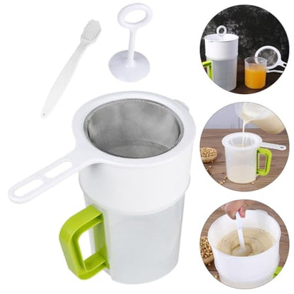Soy Milk Filter Cup and Juice Mesh Strainer Set 1.5l with Fine Food Strainer Spoon and Cleaning Brush for Homemade Yogurt, Nut Milk, and Juice Filtering in Kitchen
