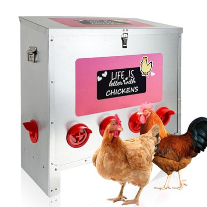 85-120LB Large Automatic Chicken Feeder Galvanized Metal Chicken Feeders with 10 Feeding Ports No Waste Outdoor Poultry Feeder with Handle and Locking Lid for Chickens and Ducks - size: 85-120LB-10 Ports