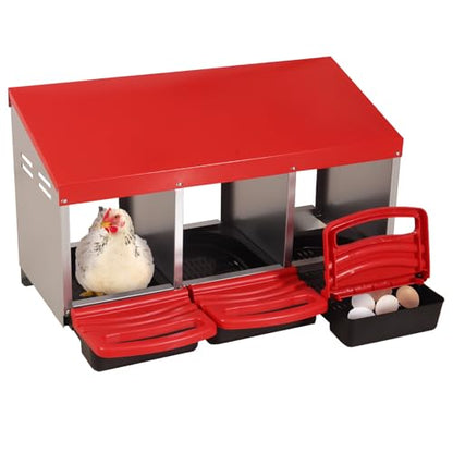 GUTINNEEN Chicken Nesting Box, 3 Compartment Metal Nesting Boxes with Roll-Away Egg System for Hens, Ducks & Rabbits, Technical Design for Efficient Egg Collection, Red - color: Red