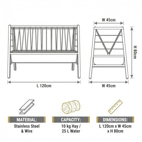 77 Gallon Farm Hay Feeder for Goats and Sheep, 5 Foot Galvanized Steel Livestock Feeding Rack with Deepened Pan, Suitable for Barn and Pasture Placement