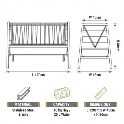 77 Gallon Farm Hay Feeder for Goats and Sheep, 5 Foot Galvanized Steel Livestock Feeding Rack with Deepened Pan, Suitable for Barn and Pasture Placement