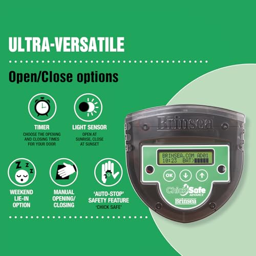 Brinsea ChickSafe Advance Automatic Chicken Coop Door Opener for Vertical Sliding or Hinged Hen House Doors with Programmable Timer, Digital Display, 8 lb. Lift Capacity - style: Light Sensor & Timer