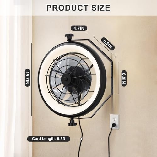 16" Wall Mounted Fan Indoor, Quiet 6 Speed Wall Mount Fan with Remote, Light and Timer, 360° Adjustable Tilt Plug in Wall Fan for Garage, Bedroom, Kitchen, Living Room, Greenhouse, Patio - size: 16"