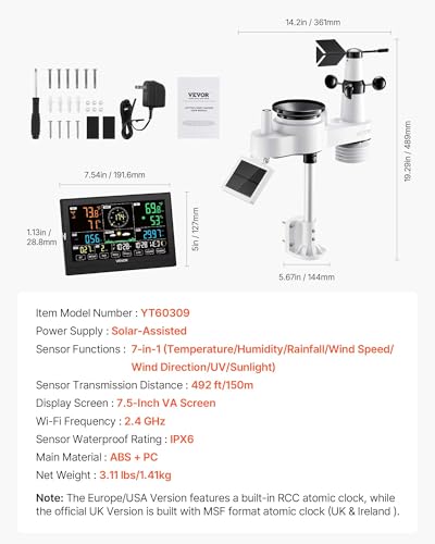VEVOR 7-in-1 Wireless Weather Station, 7.5-Inch VA Display, Solar Powered Outdoor Sensor, Rain Gauge, Indoor Outdoor for Weather Forecast, Temperature, Humidity, Wind Speed and Direction (No WiFi) - style: 7in1 NO WiFi New Version