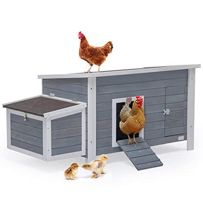 Petsfit Large Chicken Coop with Upgraded Perches, Wooden Outdoor Chicken Cage with Large Nesting Box, Weatherproof Open Asphalt Roof &Removable Bottom, Duck House, Rabbit Hutch - color: Grey