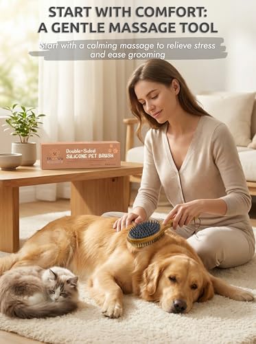 TAKAVU Short Hair Dog & Cat Deshedding Brush - Double Sided Grooming Tool with Silicone Massage & Bristle Sides - Removes Loose Fur & Dirt - Wood Handle - color: White Boar Bristle & Silicone Brush
