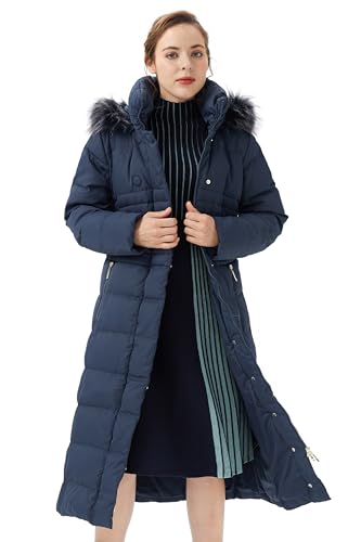 Orolay Women Warm Down Jacket with Hood Fur Long Puffer Coat - color: Navy, size: Medium