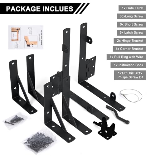 Gate Hardware Kit for Wood Fence, Corner Brace Bracket, Anti Sag Frame Hardware With Latch and Hinges for Wooden Fence Driveway, Black, MKZJ1115 - style: 1 Set Black