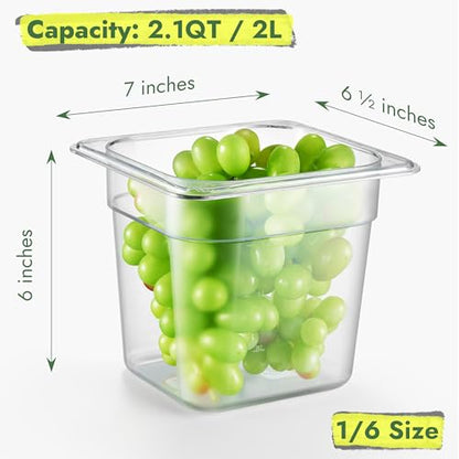 CURTA 6-Pack 1/6 Size 6" Deep NSF Polycarbonate Food Pans with Handled Lids & Drain Trays | Dishwasher & Freezer Safe Clear Container for Prep Tables, Buffet, Salad Bar, Commercial & Home Kitchen - color: 1/6 Size, size: 6" Deep Pan with Lid
