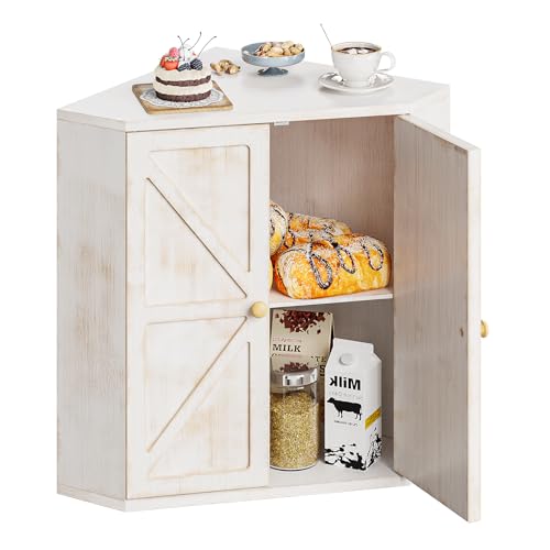Trironsun Corner Bread Box for Kitchen Counter Double Layer Bamboo Bread Storage Container Large Capacity Bread Storage Bin Farmhouse Breadbox Organizer - color: Antique White