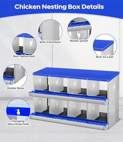 Garvee Chicken Nesting Box, 8 Compartment Metal Nesting Box,Wall Mount Chicken Nesting Boxes for Laying Eggs,Easy Egg Collection,8 Room Nest Boxes for Chickens - size: Blue 8 Compartment
