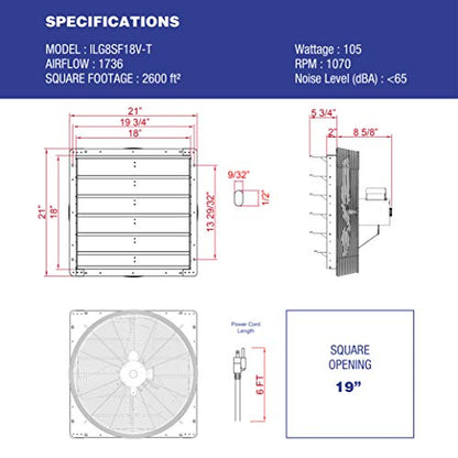 iLIVING 18" Wall Mounted Shutter Exhaust Thermostat Control-3 Speeds Vent Fan for Home Attic, Shed, or Garage Ventilation, 1736 CFM, 2600 SQF Coverage Area, Variable, Silver - style: Fan With Thermostat