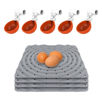 Lil'Clucker PVC Waterer Cups and Nesting Set - 5 Large Automatic Chicken Waterer Cups with 1/2" PVC Tee Fittings – Orange | 4 Washable Chicken Nesting Pads for Laying Eggs, Gray Nest Box Pads