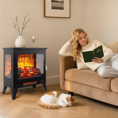 21" Electric Fireplace Stove Heater, Freestanding Electric Fireplace w/Realistic Flame, Remote, Timer, Small Fireplace w/Adjustable Brightness, Thermostat, Overheating Protection, 1400W - size: 21"