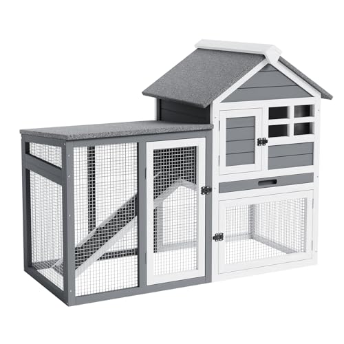 2-Story Rabbit Hutch, Small Wooden Chicken Coop, with Waterproof Roof, Pull Out Tray and Anti-Slip Ramp, Bunny Cage for Indoor Outdoor (45.28" L x 20.08" W x 36.61" H)