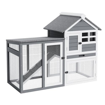 2-Story Rabbit Hutch, Small Wooden Chicken Coop, with Waterproof Roof, Pull Out Tray and Anti-Slip Ramp, Bunny Cage for Indoor Outdoor (45.28" L x 20.08" W x 36.61" H)
