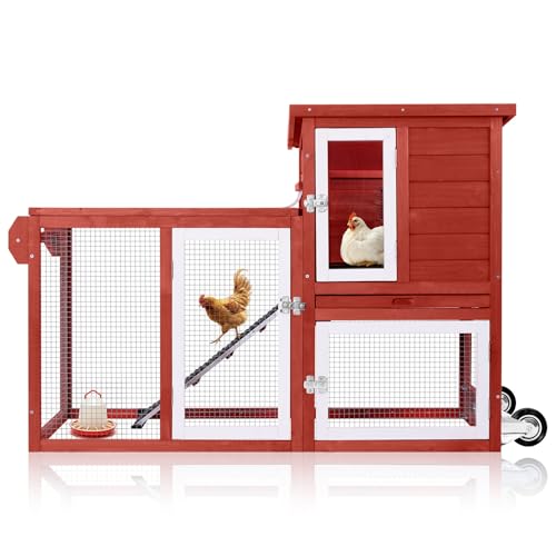 Mobile Chicken Coop with Wheels for 1–2 Chickens,Rabbit Hutch Indoor Outdoor, Small Chicken Coop Bunny Cage with Run, Waterproof Asphalt Roof & UV-Resistant Roof, Pull-Out Tray, Red