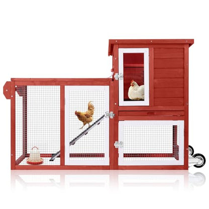 Mobile Chicken Coop with Wheels for 1–2 Chickens,Rabbit Hutch Indoor Outdoor, Small Chicken Coop Bunny Cage with Run, Waterproof Asphalt Roof & UV-Resistant Roof, Pull-Out Tray, Red