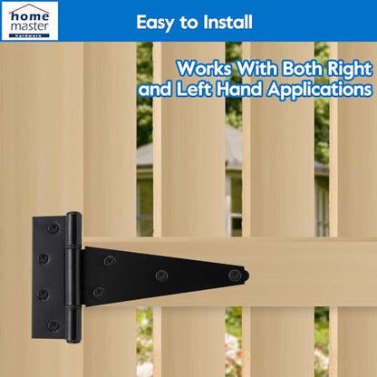 HOME MASTER HARDWARE 6 Inch T-Strap Heavy Duty Shed Door Hinges, Black Tee Hinge for Wooden Fences,Yard Door, Barn Door Gates, Rustproof Wrought Iron with Screws, 2 Pack - size: 6 in-2 Pack