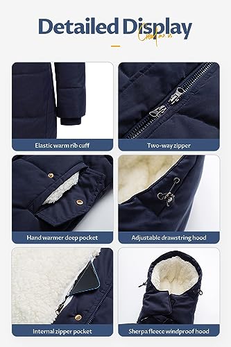 CREATMO US Women's Thicken Sherpa Winter Coat Puffy Warm Snow Jacket With Removable Hood - color: Navy Blue, size: Medium