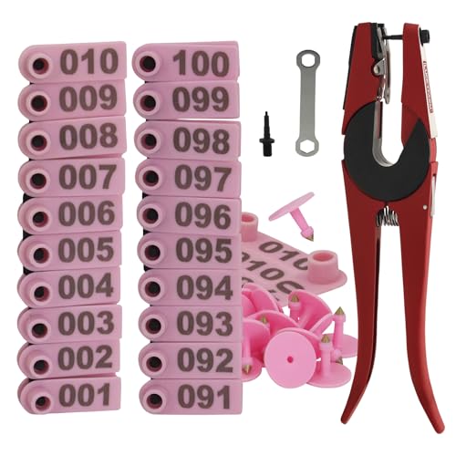 Livestock Ear Tag Pliers Tool, 001-100 Number Plastic Tags Sheep Ear Tag, with Spare Pins Ear Tag Applicator for Sheep Pig Livestock Dog Animal Deer Farm Horse Cow Cattle (Pink) - color: Pink
