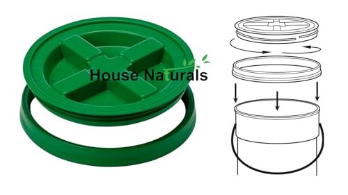 House Naturals 3.5 Gallon Food Grade Grey Bucket Pail with Green Screw on Air-Tight Lid (Pack of 4) BPA Free containers -Made in USA