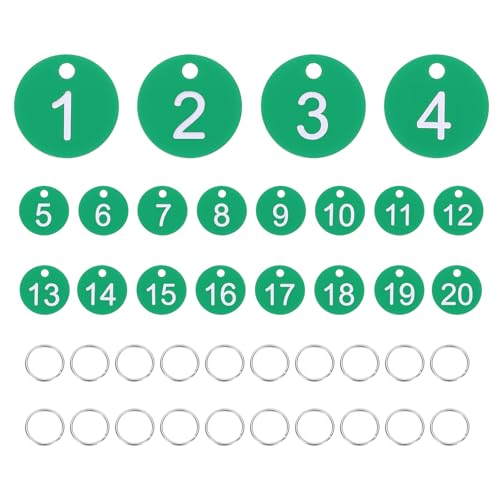 PATIKIL 20PCS Number Tags 1-20, Number Key Tags Plastic Numbered Keychain with Key Rings for Organizer Field Sales Hangers Clothes Labels ID, Green - color: Green