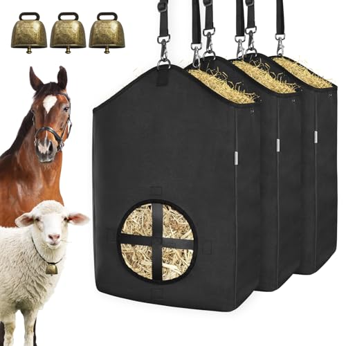 3 PCS Goat Hay Feeder,Hay Bags for Horses,Goats,Donkeys with Reinforced Oxford Fabric and High Strength Metal Clasp,Horse Feeding Supplies with Adjustable Strap for Easy Hanging (3Black) - color: 3Black