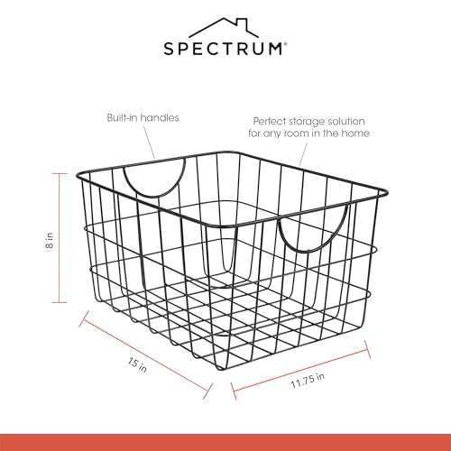 Spectrum Large Wire Basket with Handle Black Metal Utility Storage Bin for Organizing Kitchen Pantry Cabinets Closet and Garage Shelves, Steel Metal Basket Storage Organizer Bin with Handle