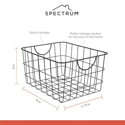 Spectrum Large Wire Basket with Handle Black Metal Utility Storage Bin for Organizing Kitchen Pantry Cabinets Closet and Garage Shelves, Steel Metal Basket Storage Organizer Bin with Handle