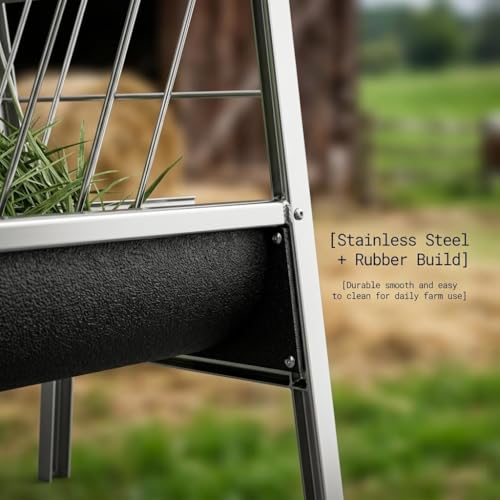 59 Inch Livestock Feeder 77 Gallon Capacity, Heavy Duty Stainless Steel Hay Feeder with Deep Rubber Grain Trough for Goats, Sheep and Horses, Barn or Pasture Use