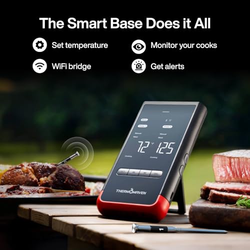ThermoMaven Smart Bluetooth Wireless Meat Thermometer: Standalone Base, WiFi Unlimited Range, 6 Sensors with NIST Certified Accuracy, 2 Probes for Kitchen, BBQ, Grill, Oven, Smoker, Rotisserie - color: Red-2 Probes