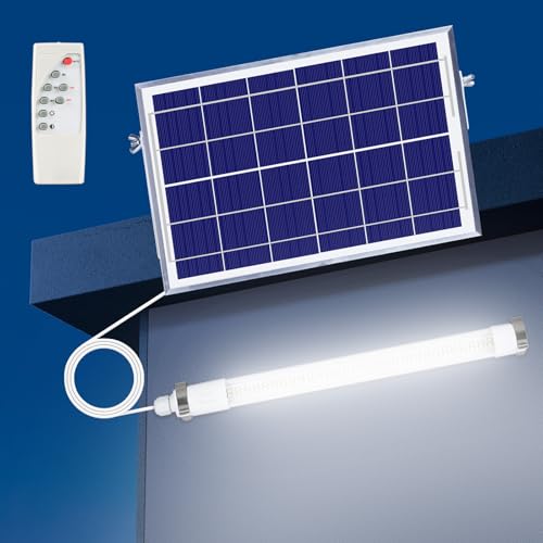 MEIHONG Solar Powered Shop Light with Dusk to Dawn Sensor, IP65 Waterproof Outdoor Shop Light, Solar Indoor Lights with Timer & Remote for Garage, Barn, House, Coop - Daytime Available - color: Cool White