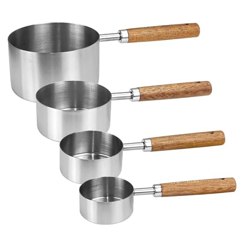 4 Pcs Dog Food Scoop, Stainless Steel 1 Cup, 1/2 Cup, 1/3 Cup, 1/4 Cup Measuring Cup, Cat Food Scoop with Wood Handle, Pet Food Scoop