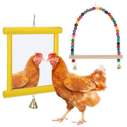 Chicken Mirror Toys Extra Large Chicken Enrichment Toys for Coop 10.6 x 10 Inch Wooden Hanging Swing Mirror with Bell Yellow Coop Pecking Accessories Molar Stones