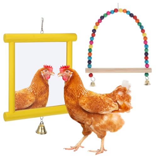 Chicken Mirror Toys Extra Large Chicken Enrichment Toys for Coop 10.6 x 10 Inch Wooden Hanging Swing Mirror with Bell Yellow Coop Pecking Accessories Molar Stones