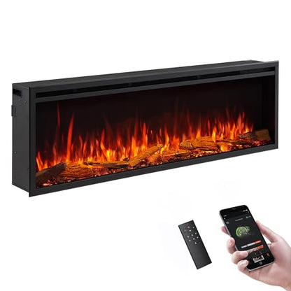 LegendFlame 60" W Smart Wall Mount & in Wall Recessed Electric Fireplace Insert, Heater 750W/1500W, Multi Colors of Flame & Fuel Bed, Alexa/Google Assistant Enabled - size: 60" DEEP