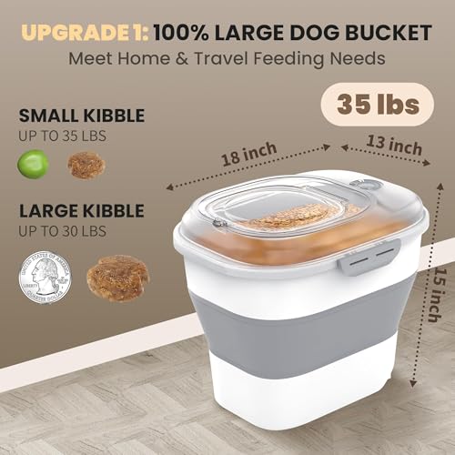 32-35 Lbs Dog Food Storage Container,Collapsible Dog Food Container with Transparent Airtight Lid,Wheels,Date Track,Pet Food Storage Container for Rice,Flour,Sugar,Scoop And 2PCS Containers - color: Clear/35 lbs