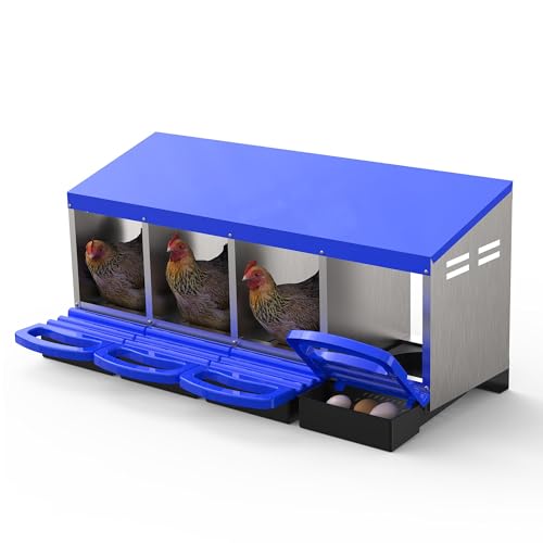 Metal Chicken Nesting Box with Easy-Collect Tray & Lid – 3/4/2x2 Compartment Heavy Duty Roll Away Nesting Boxes for Chickens, Wall Mount or Freestanding, Galvanized Steel Hen Laying Box for Coop - color: Blue, size: 4 Holes