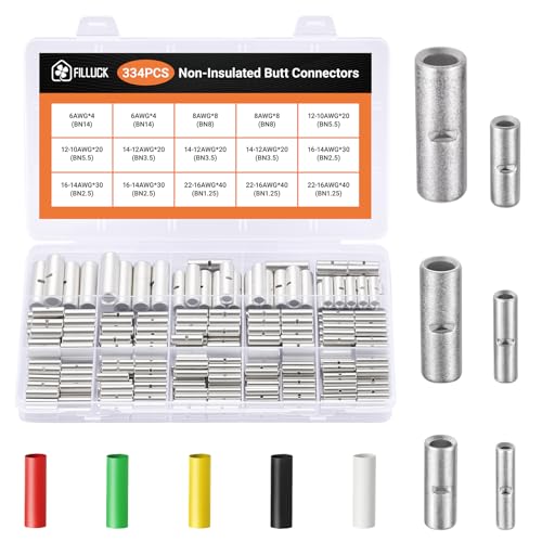 474 PCS-Red Copper Non Insulated Butt Connectors Kits with Heat Shrink,22-6 AWG Uninsulated Butt Connector for Electrical Wiring
