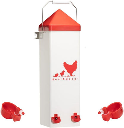 RentACoop 2 Gallon High Rise Chicken Waterer with Auto-Fill Cups, Horizontal Nipples, Anti-Roost Cone and Mounting Kit - Suitable for Chickens, Quail, Ducks, Geese, Turkey and More